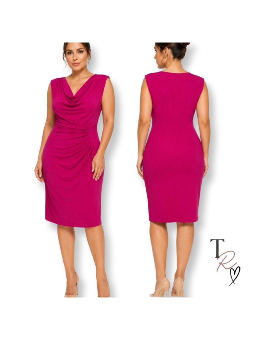 Lauren Ralph Lauren Hot Pink Draped Cowl Neck Cocktail Midi Dress 12 Petite
